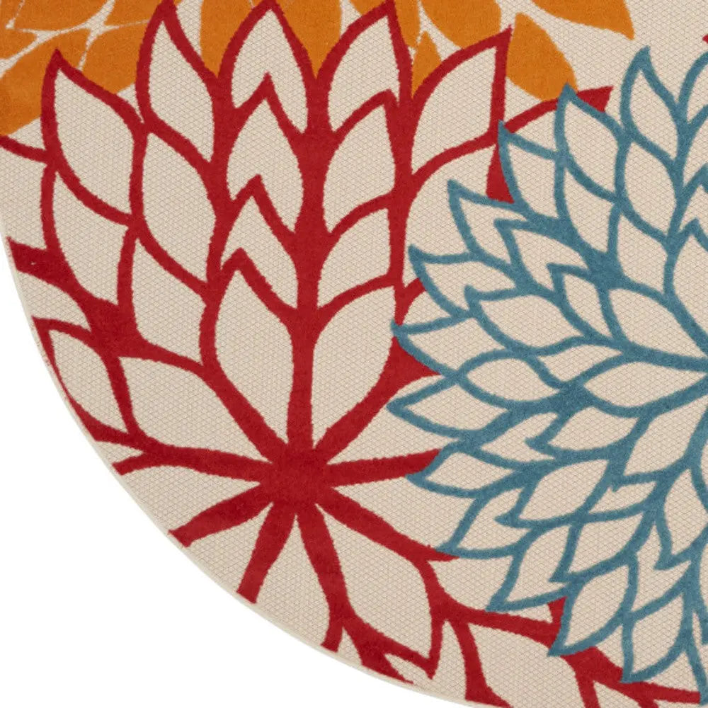 8' Ivory Green Blue Red And Orange Round Floral Indoor Outdoor Area Rug Homeroots Outdoor