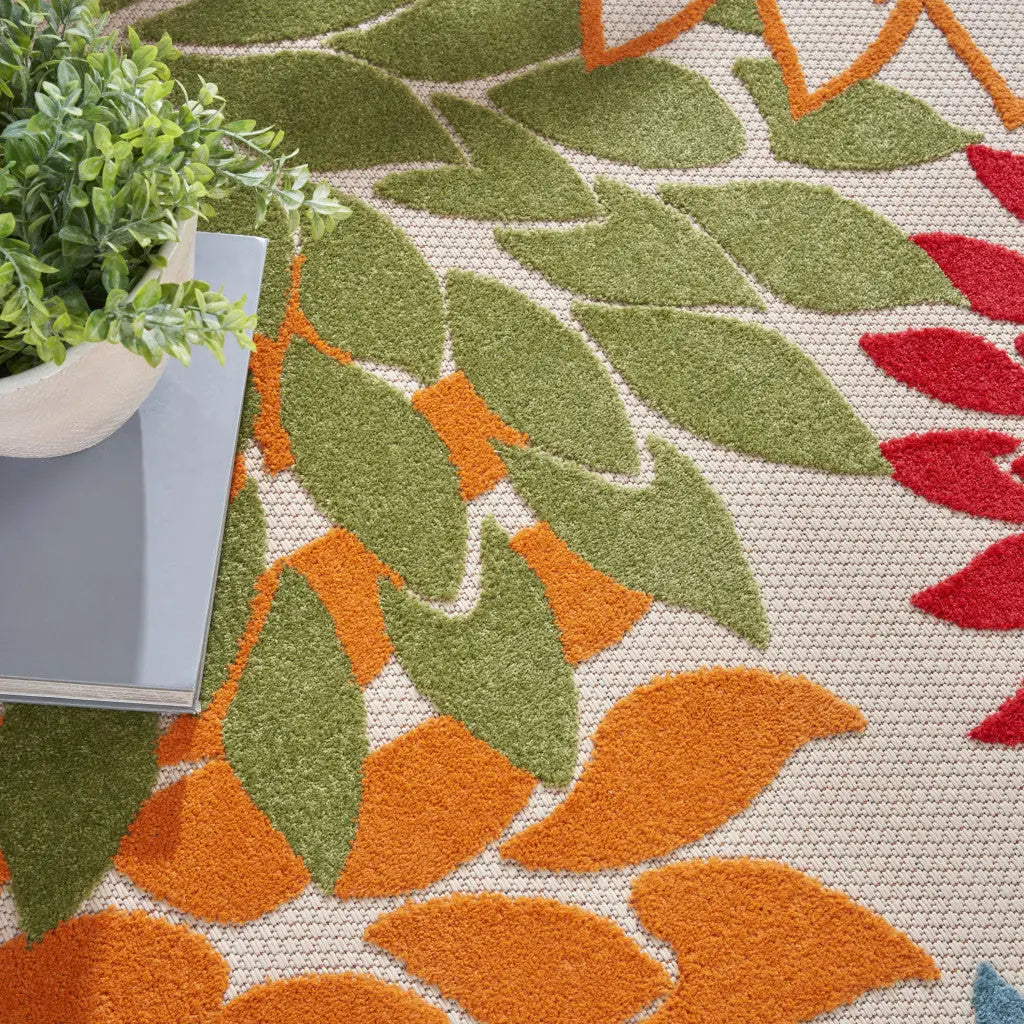 8' Ivory Green Blue Red And Orange Round Floral Indoor Outdoor Area Rug Homeroots Outdoor