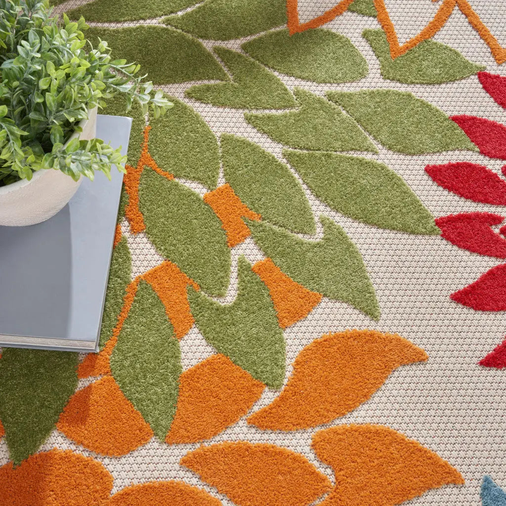 8' Ivory Green Blue Red And Orange Round Floral Indoor Outdoor Area Rug Homeroots Outdoor