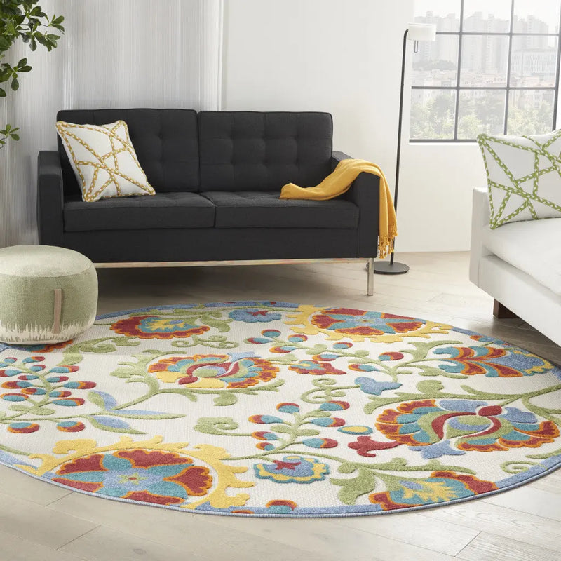 8' Ivory Green Red And Yellow Round Floral Indoor Outdoor Area Rug Homeroots Outdoor