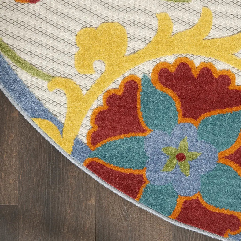 8' Ivory Green Red And Yellow Round Floral Indoor Outdoor Area Rug Homeroots Outdoor