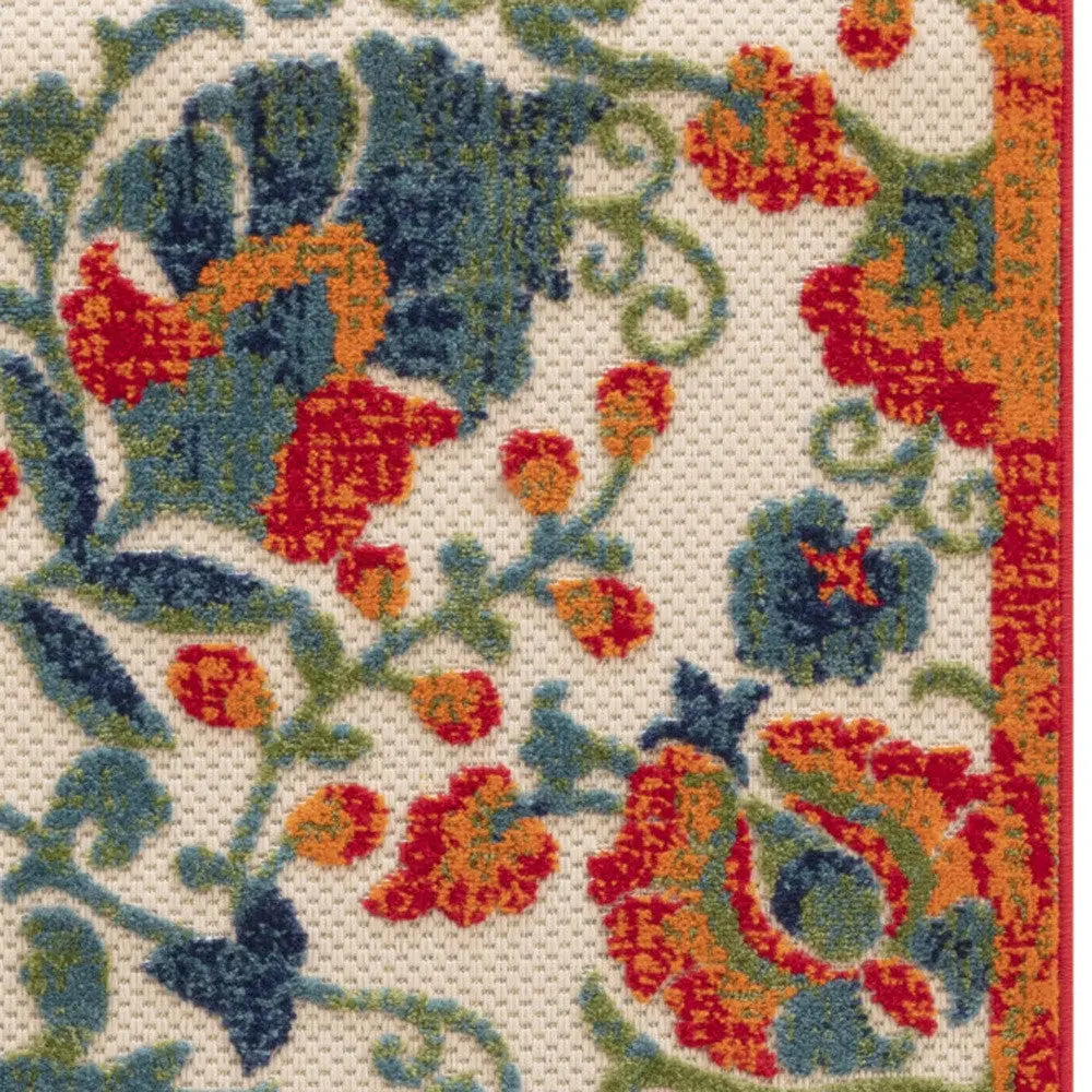 8' Ivory Orange Blue And Green Floral Indoor Outdoor Runner Rug Homeroots Outdoor