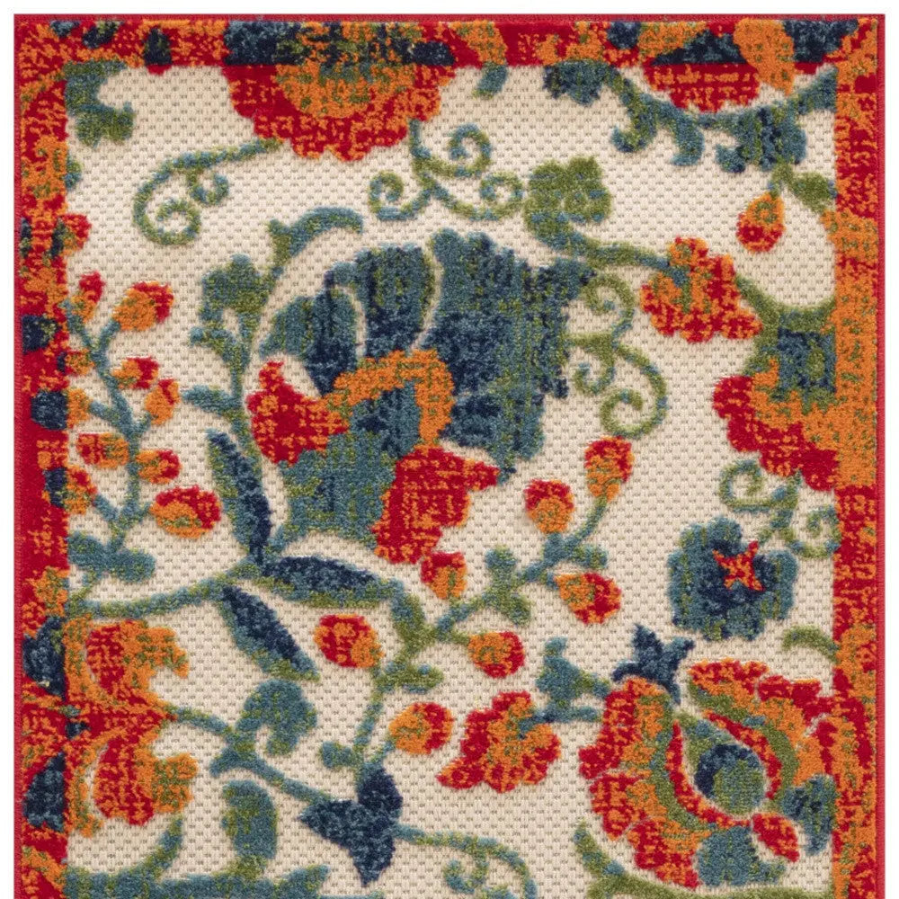 8' Ivory Orange Blue And Green Floral Indoor Outdoor Runner Rug Homeroots Outdoor