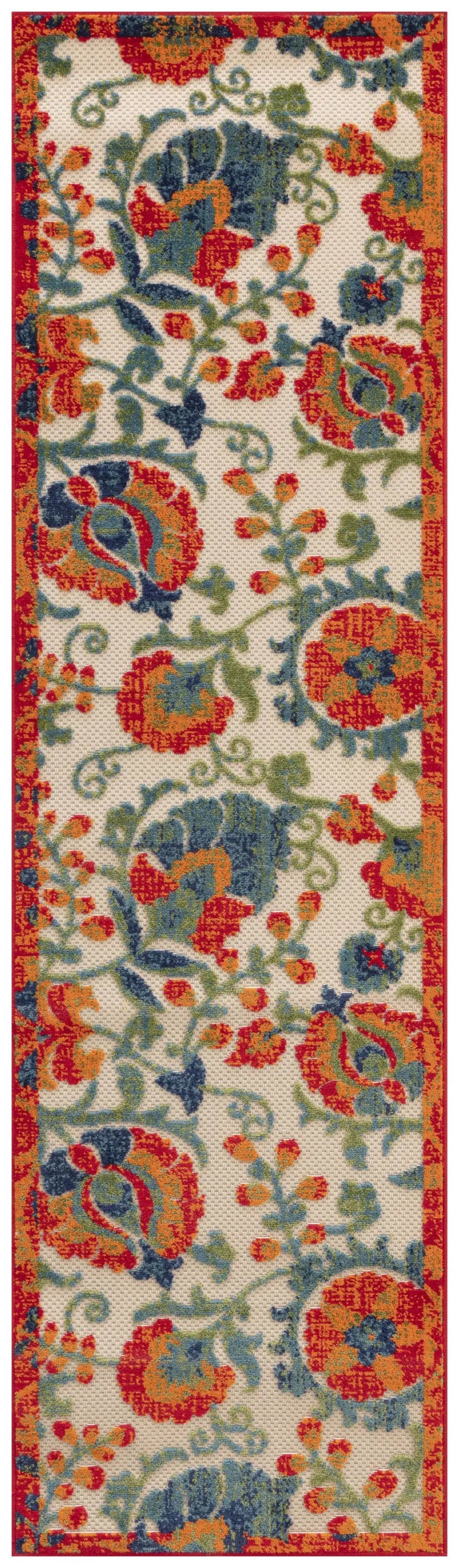 8' Ivory Orange Blue And Green Floral Indoor Outdoor Runner Rug Homeroots Outdoor
