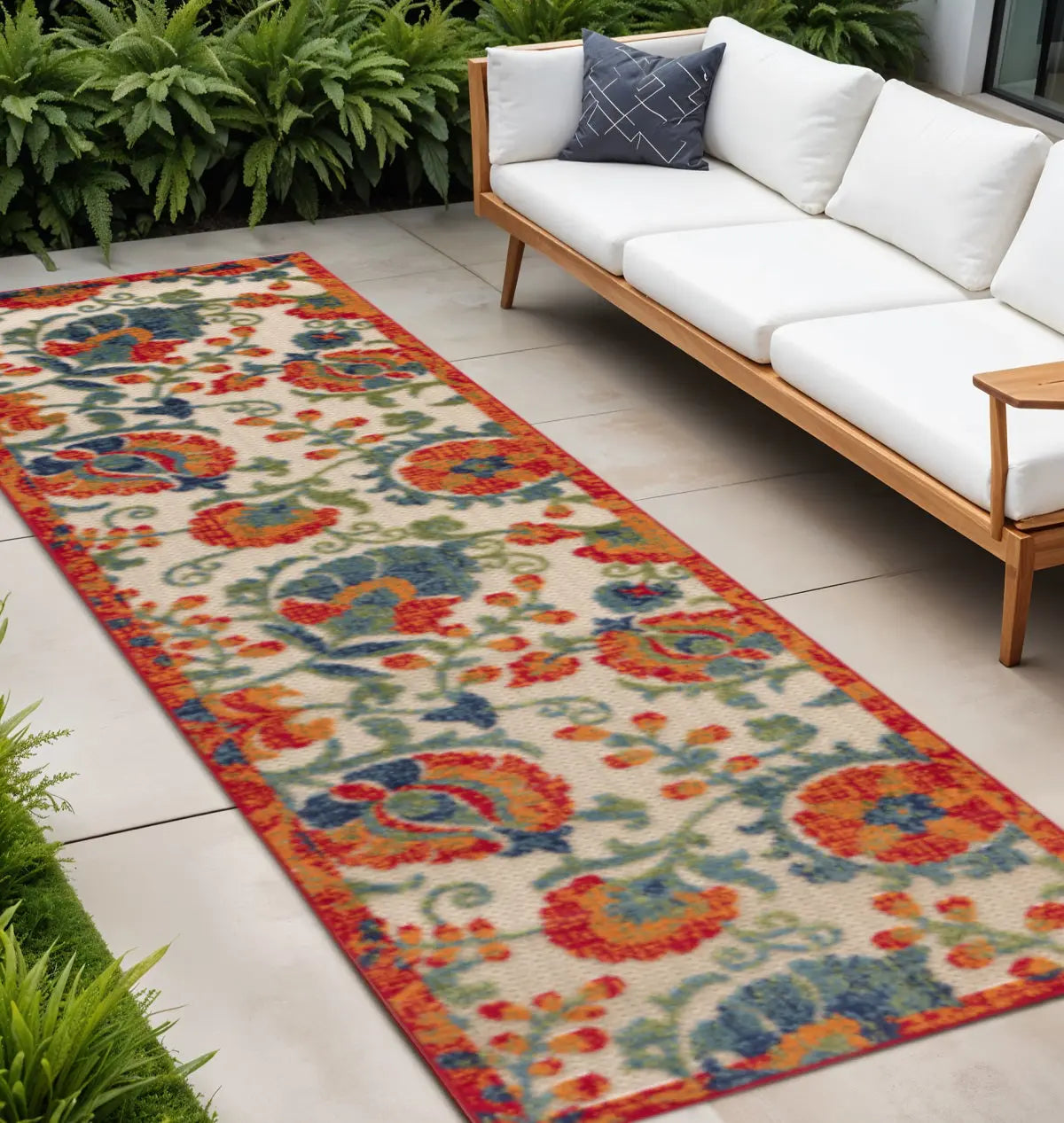 8' Ivory Orange Blue And Green Floral Indoor Outdoor Runner Rug Homeroots Outdoor