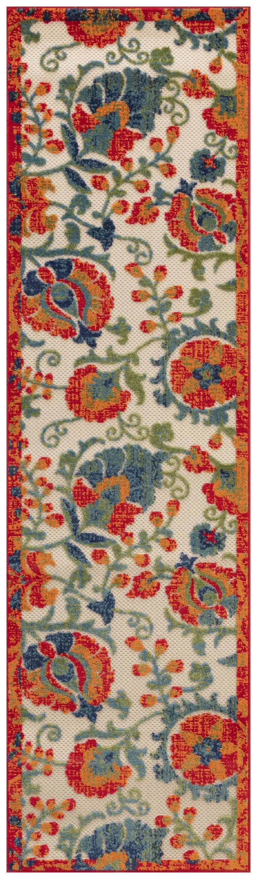 8' Ivory Orange Blue And Green Floral Indoor Outdoor Runner Rug Homeroots Outdoor