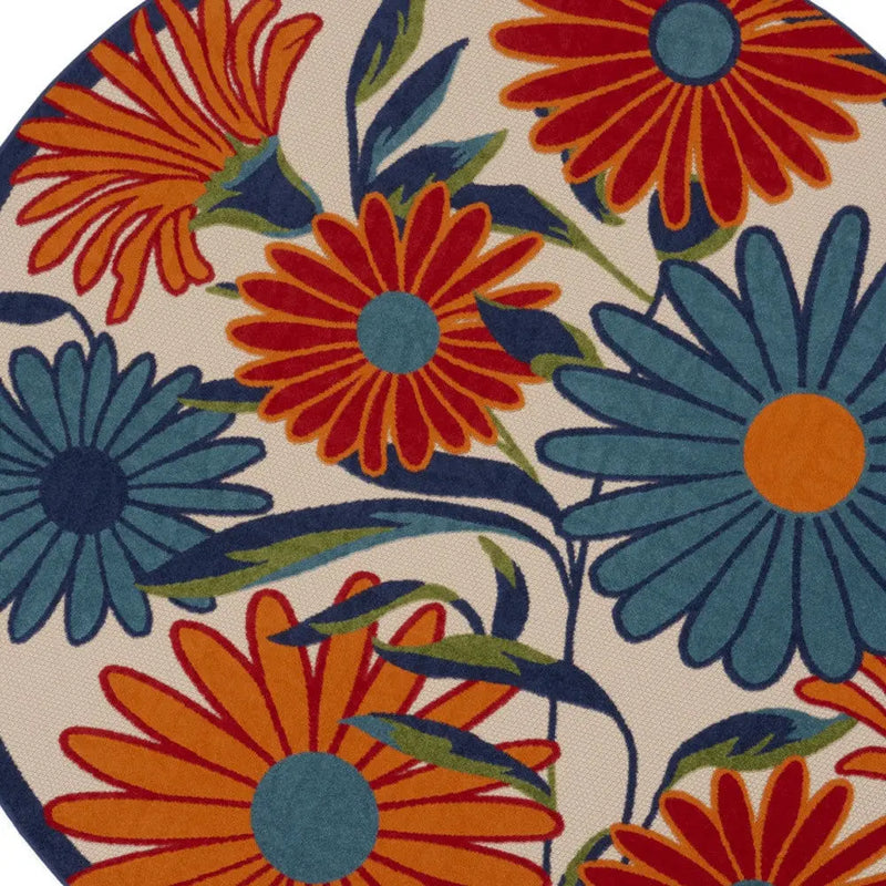 8' Ivory Orange and Blue Round Floral Indoor Outdoor Area Rug Homeroots Outdoor