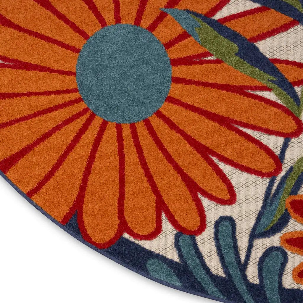 8' Ivory Orange and Blue Round Floral Indoor Outdoor Area Rug Homeroots Outdoor