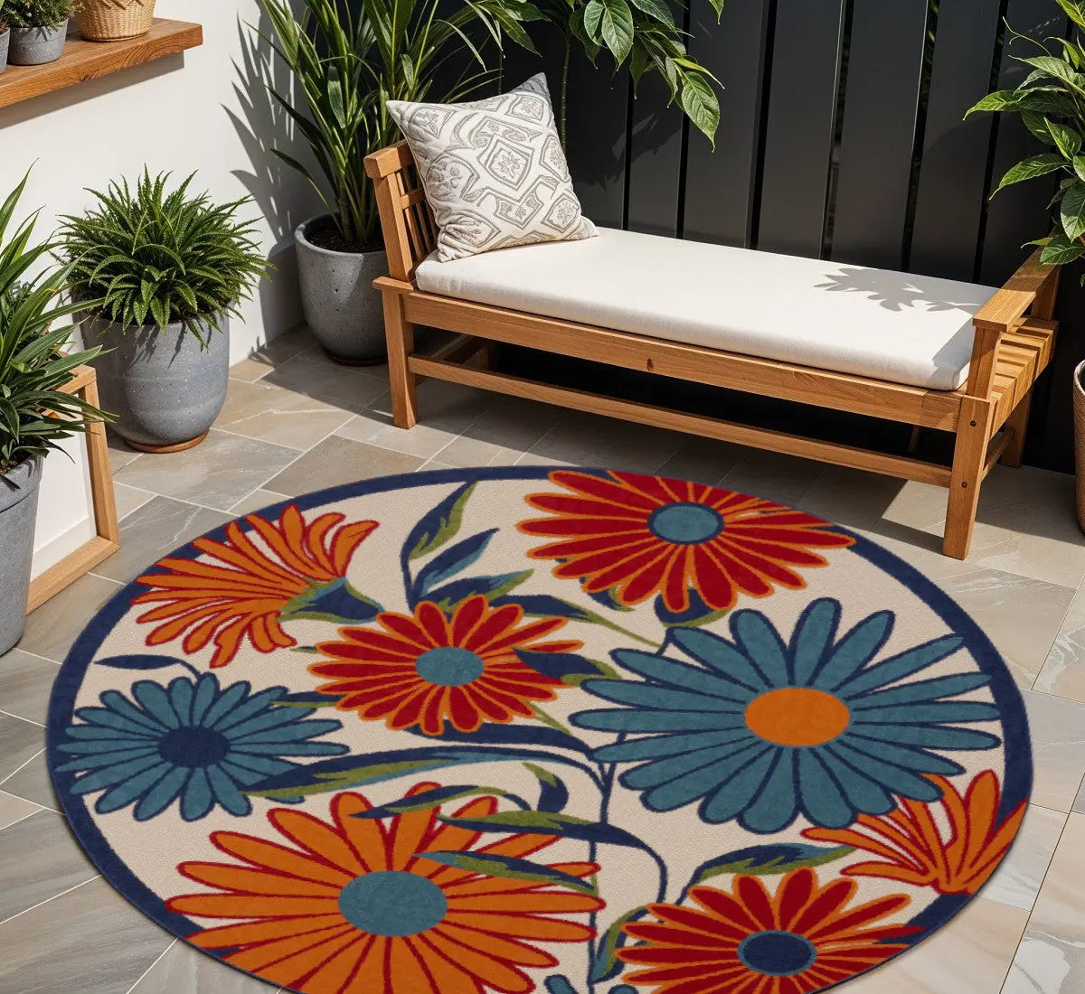 8' Ivory Orange and Blue Round Floral Indoor Outdoor Area Rug Homeroots Outdoor