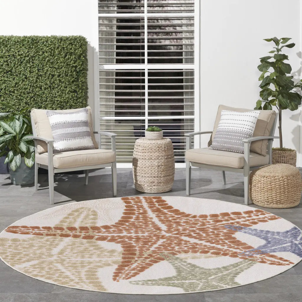 8' Ivory Yellow Orange And Green Round Starfish Indoor Outdoor Area Rug Homeroots Outdoor