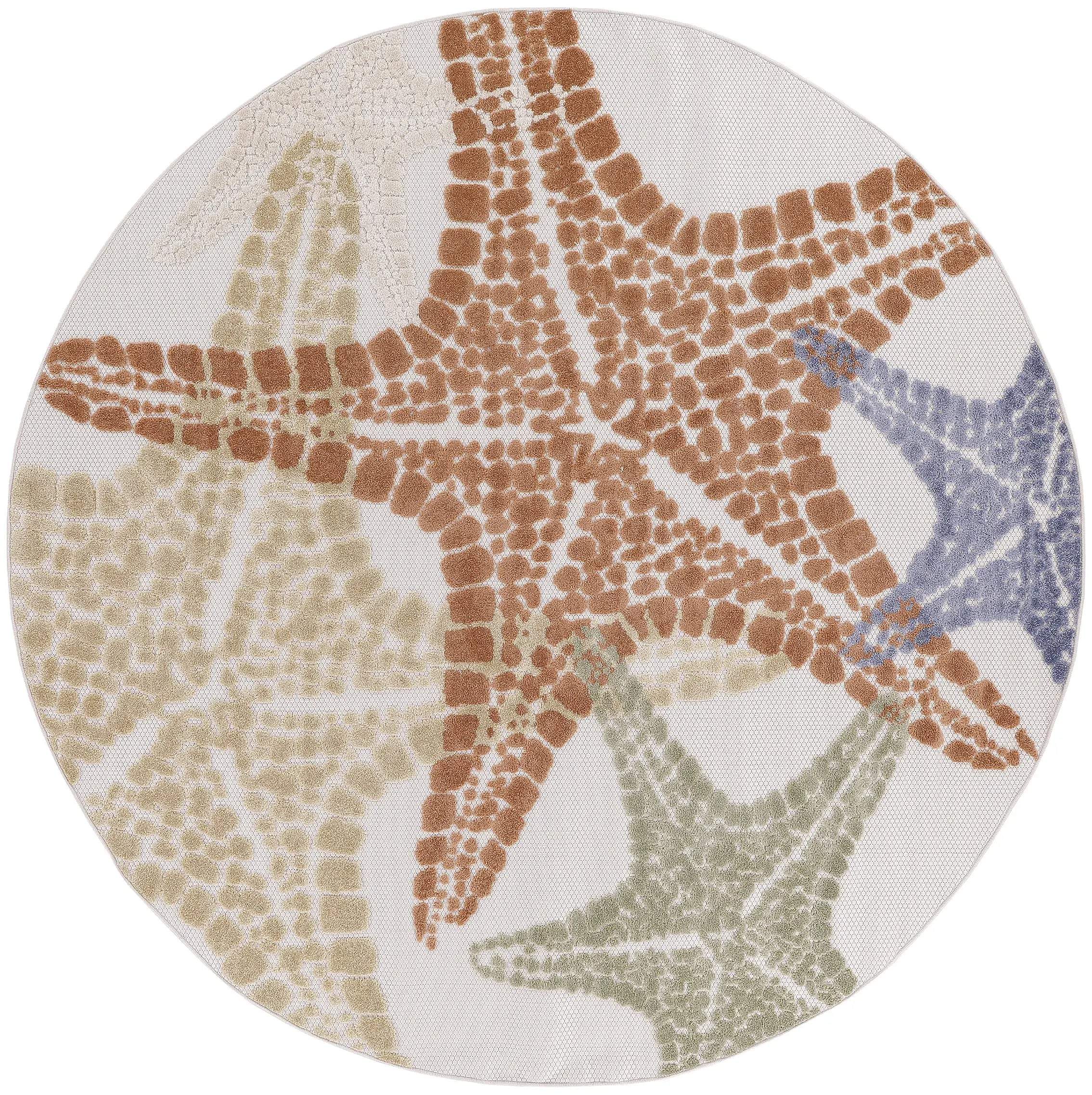8' Ivory Yellow Orange And Green Round Starfish Indoor Outdoor Area Rug Homeroots Outdoor