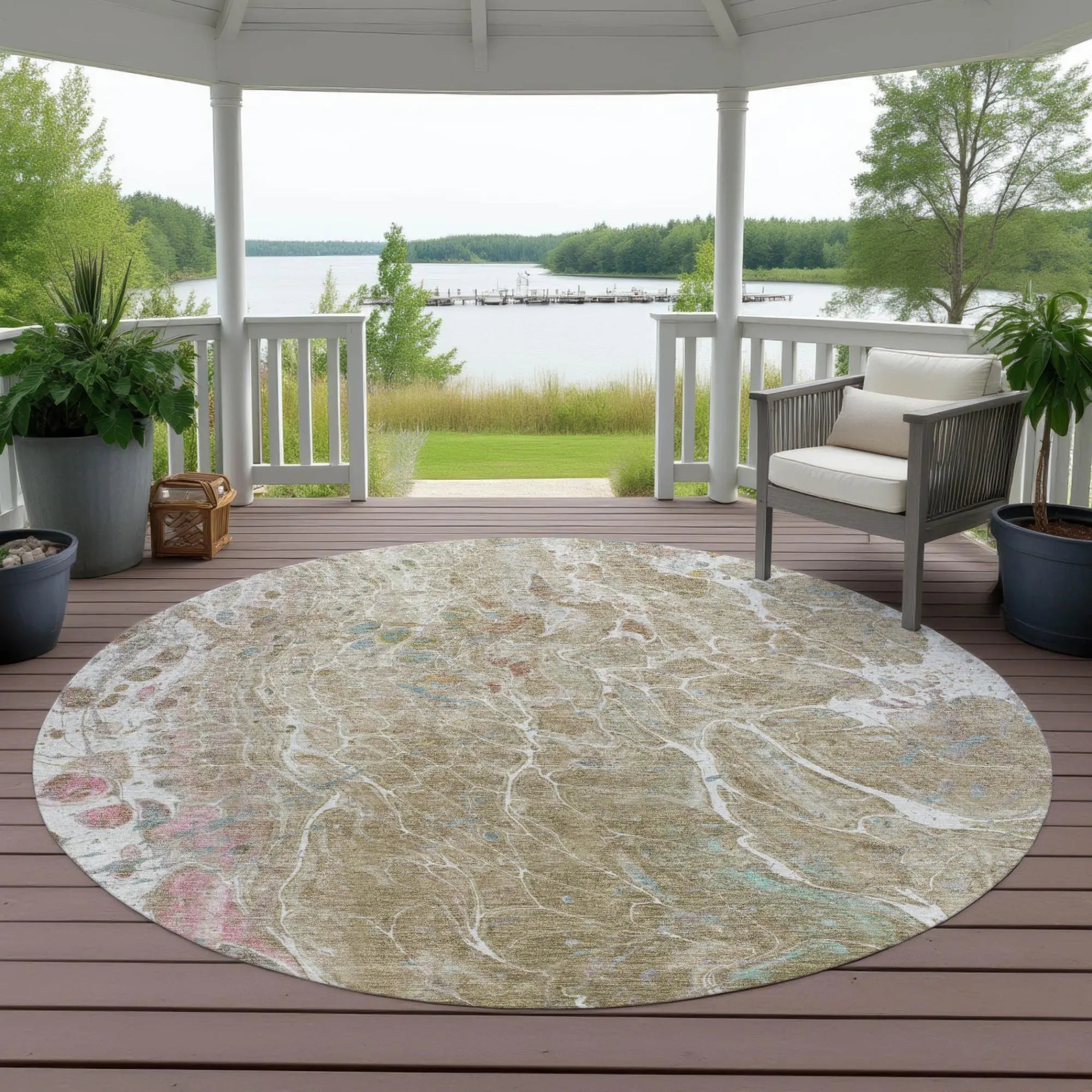 8' Khaki And Brown Round Abstract Washable Indoor Outdoor Area Rug Homeroots Outdoor