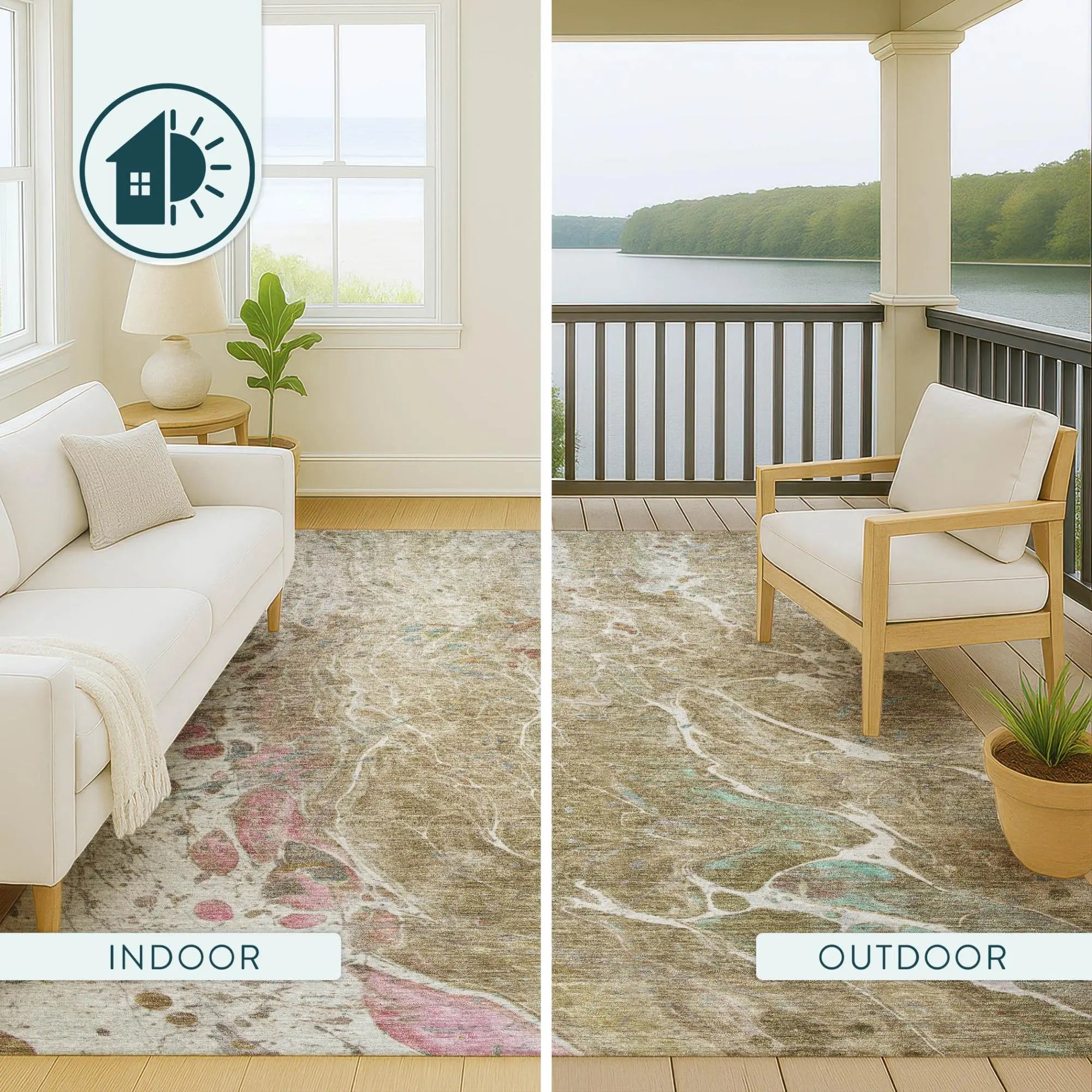 8' Khaki And Brown Round Abstract Washable Indoor Outdoor Area Rug Homeroots Outdoor