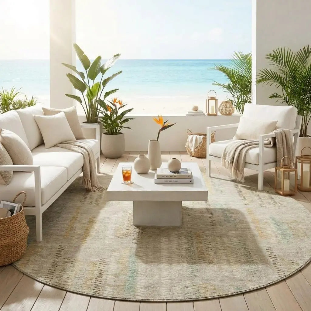 8' Khaki And Brown Round Abstract Washable Indoor Outdoor Area Rug Homeroots Outdoor