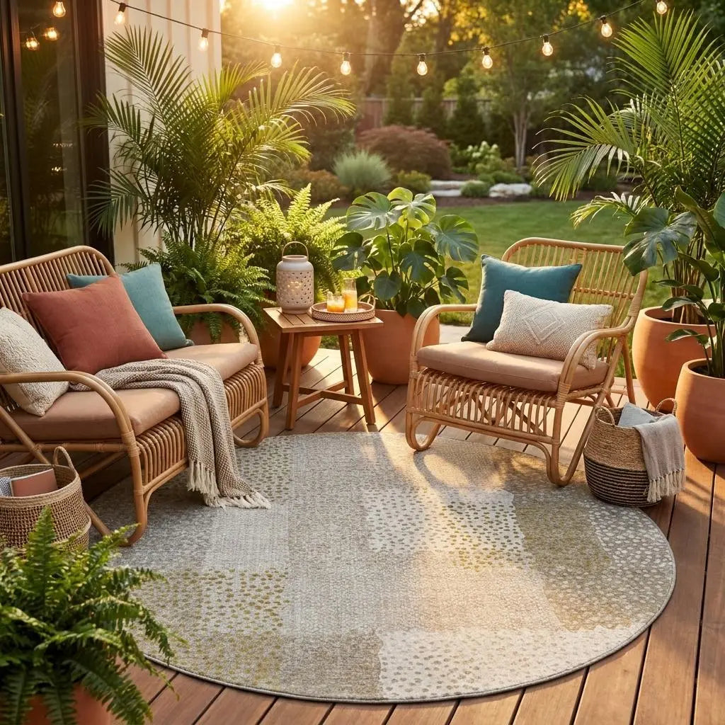 8' Khaki And Brown Round Abstract Washable Indoor Outdoor Area Rug Homeroots Outdoor