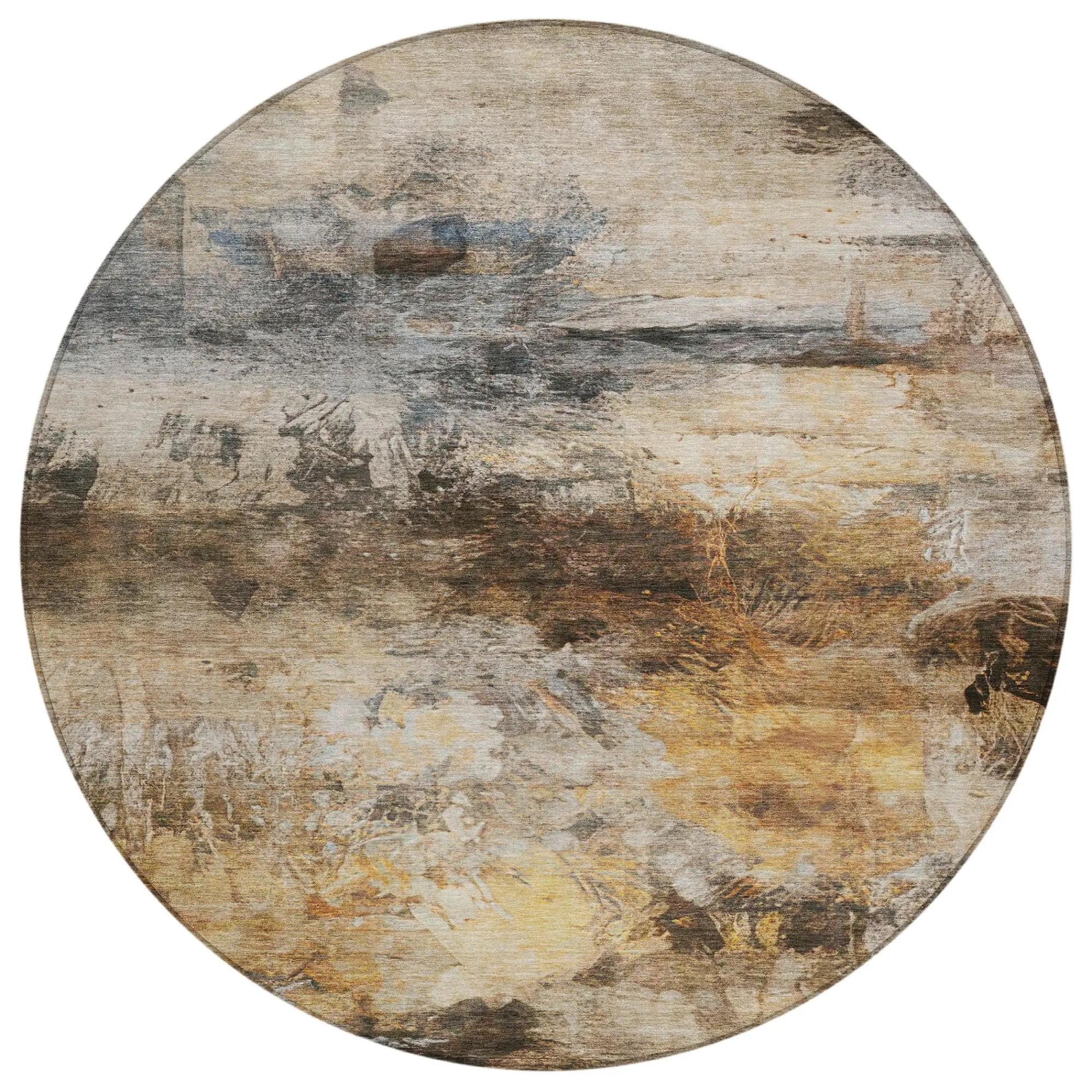 8' Khaki And Brown Round Abstract Washable Indoor Outdoor Area Rug Homeroots Outdoor