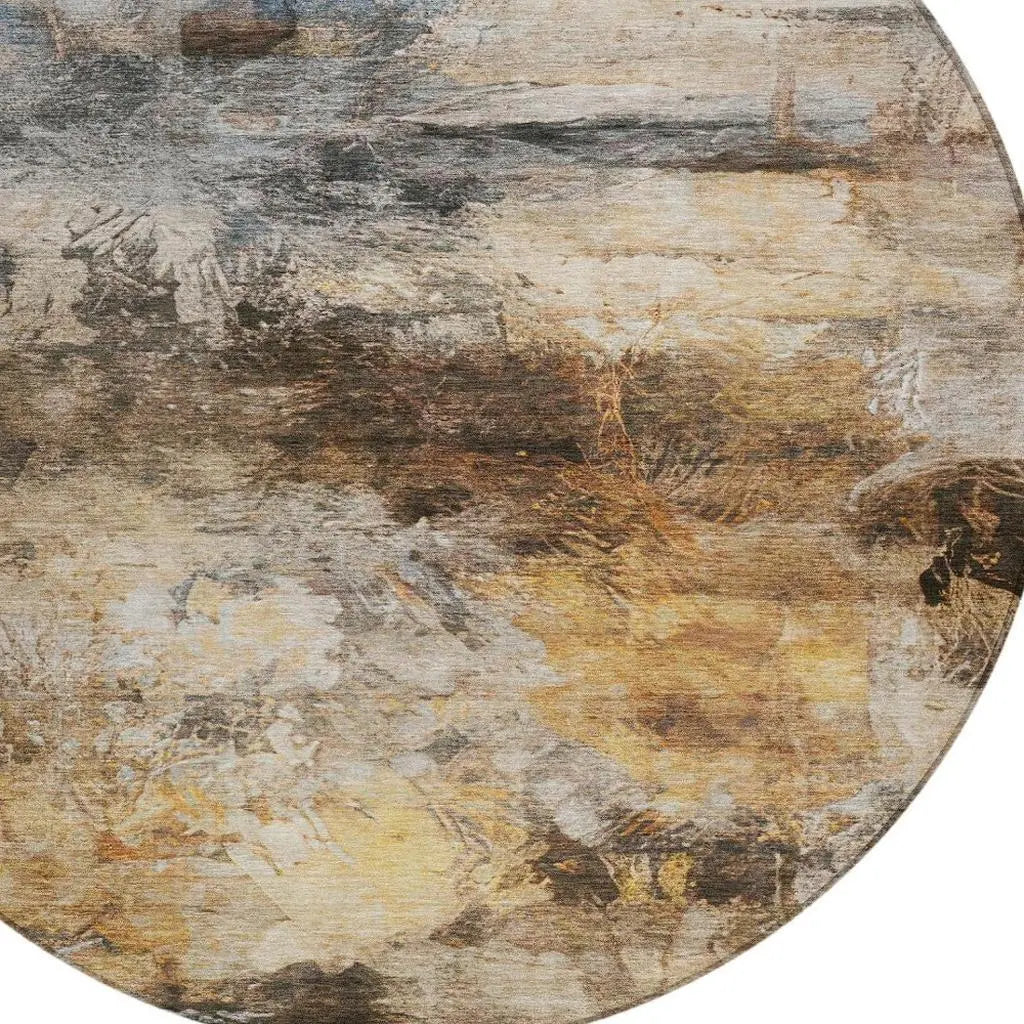 8' Khaki And Brown Round Abstract Washable Indoor Outdoor Area Rug Homeroots Outdoor