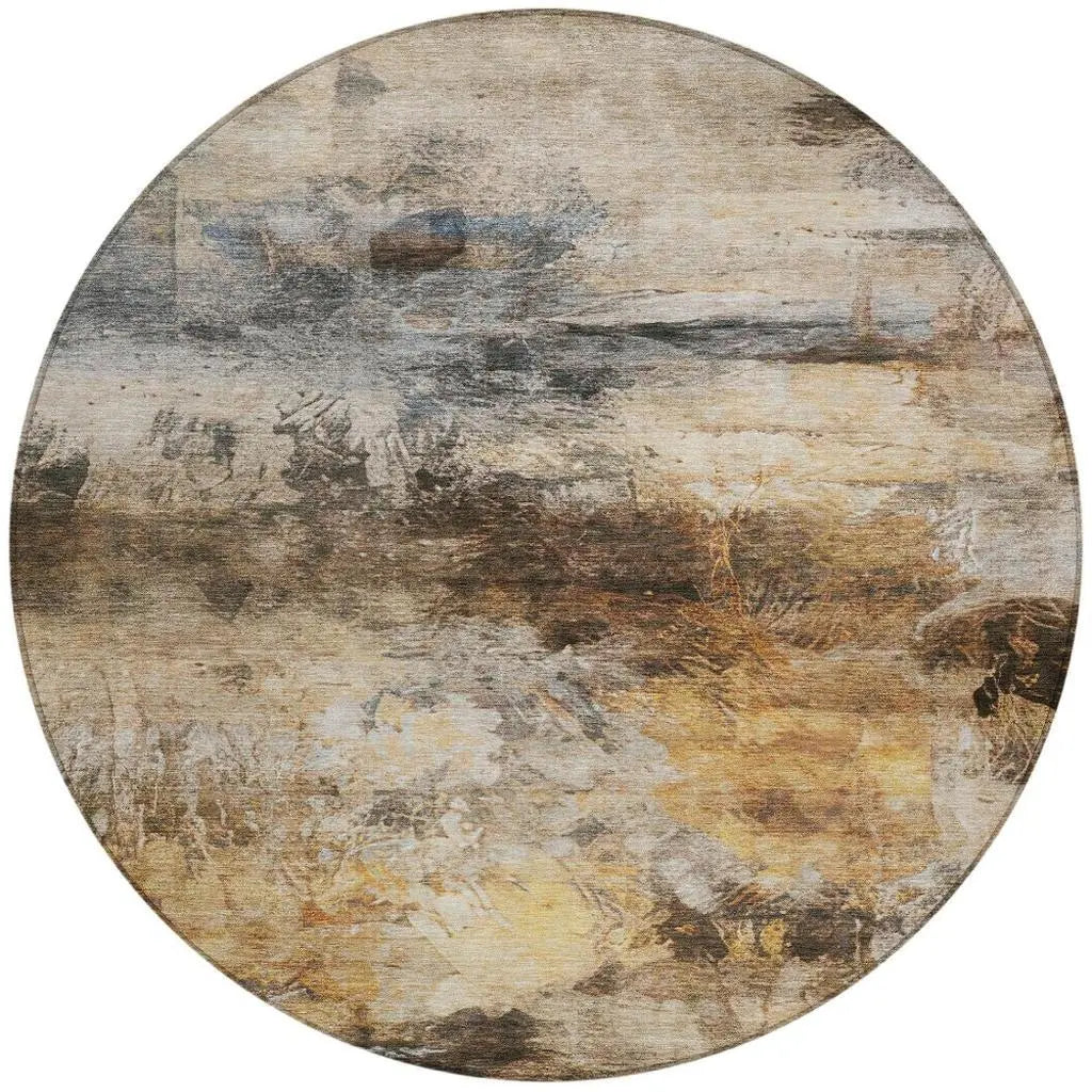 8' Khaki And Brown Round Abstract Washable Indoor Outdoor Area Rug Homeroots Outdoor