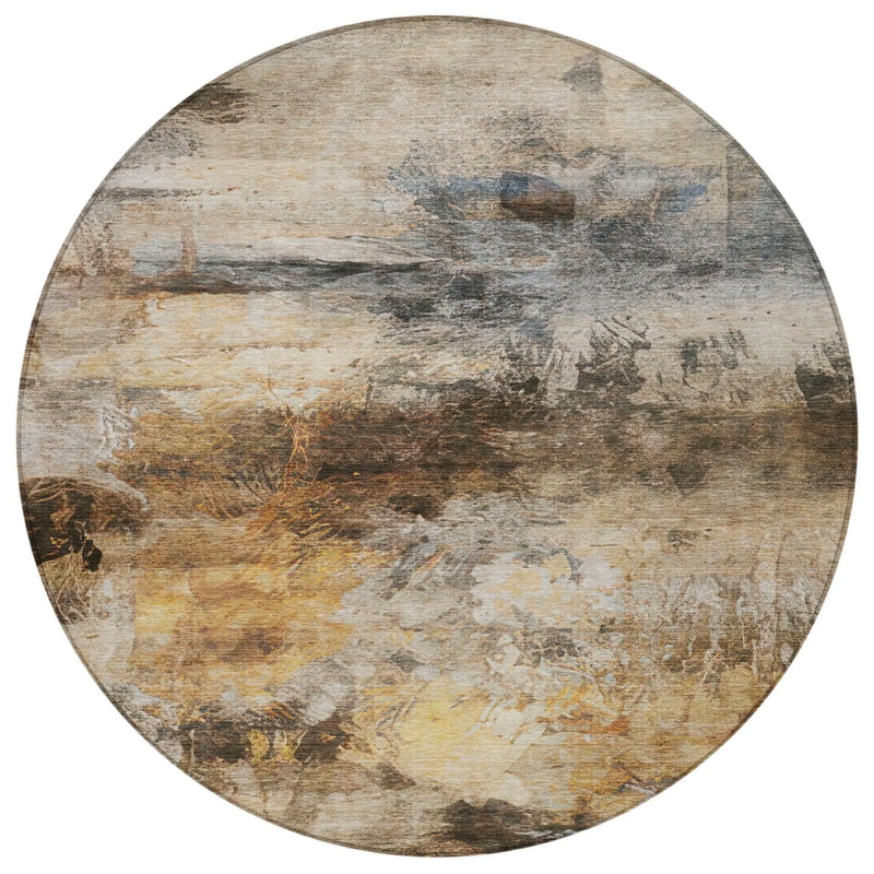 8' Khaki And Brown Round Abstract Washable Indoor Outdoor Area Rug Homeroots Outdoor