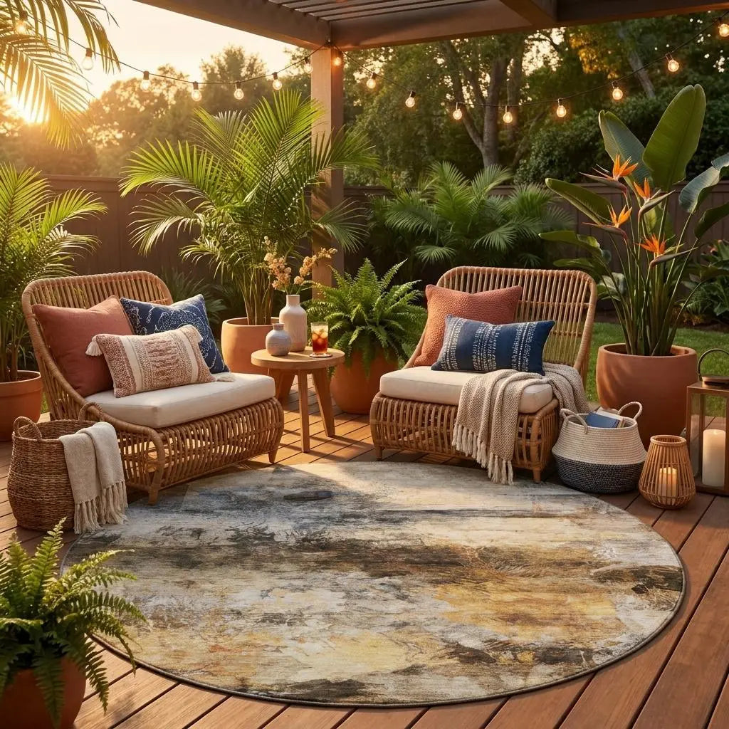 8' Khaki And Brown Round Abstract Washable Indoor Outdoor Area Rug Homeroots Outdoor