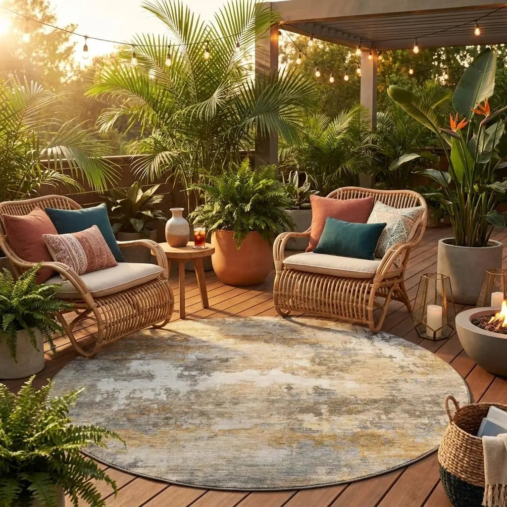 8' Khaki And Brown Round Abstract Washable Indoor Outdoor Area Rug Homeroots Outdoor