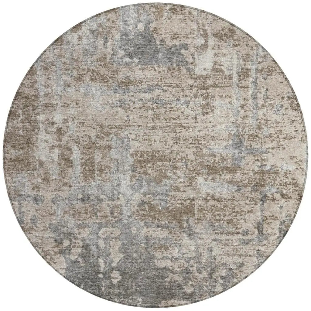 8' Khaki And Brown Round Abstract Washable Indoor Outdoor Area Rug Homeroots Outdoor