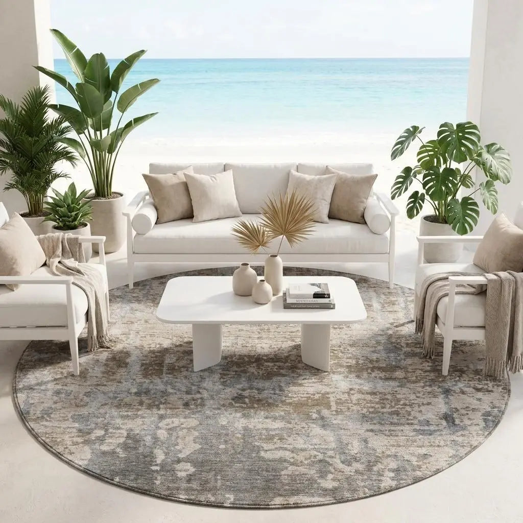 8' Khaki And Brown Round Abstract Washable Indoor Outdoor Area Rug Homeroots Outdoor