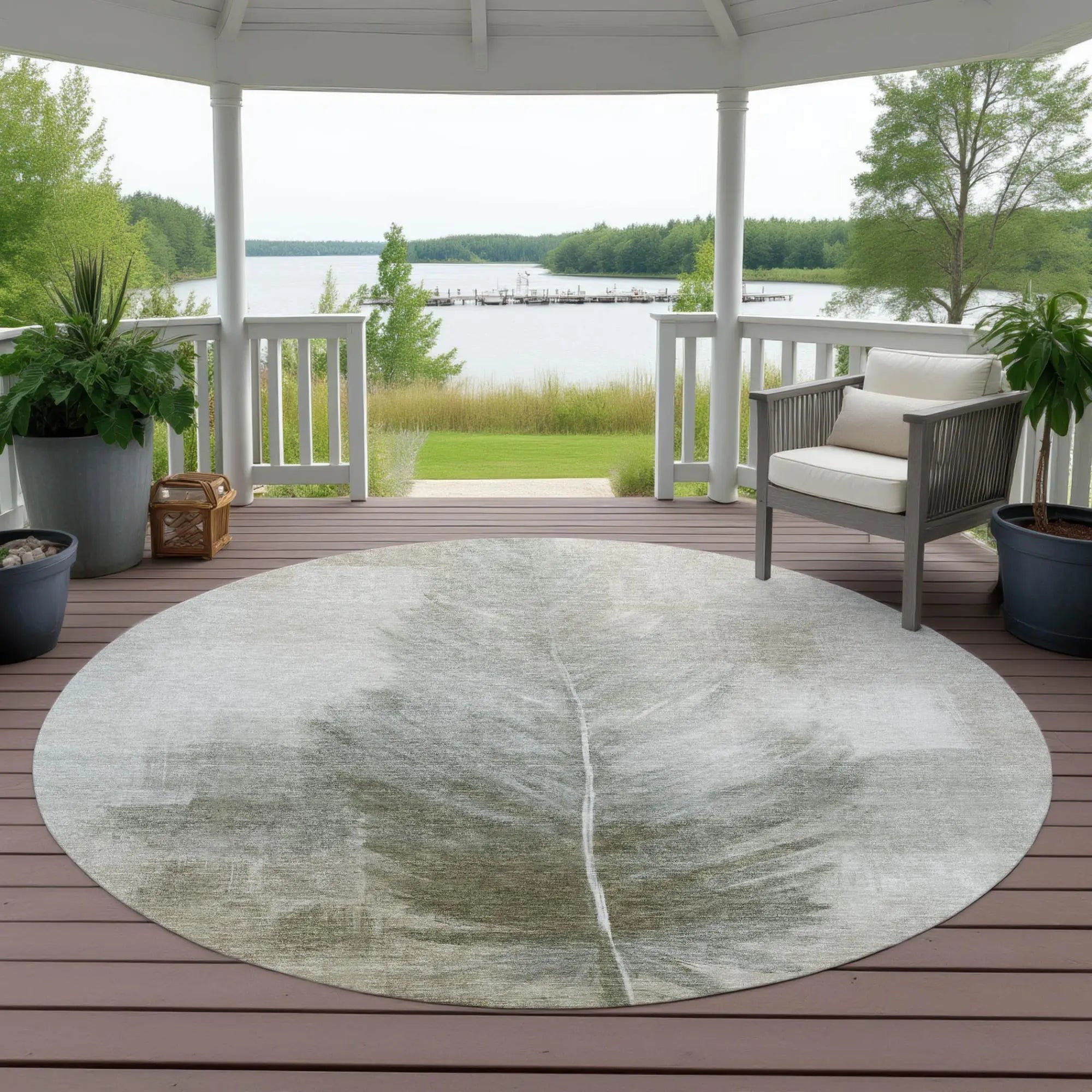 8' Khaki And Brown Round Botanical Leaves Washable Indoor Outdoor Area Rug Homeroots Outdoor