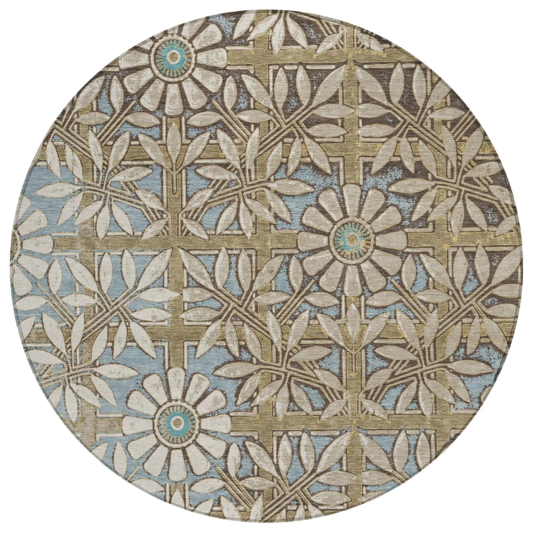 8' Khaki And Brown Round Floral Washable Indoor Outdoor Area Rug Homeroots Outdoor