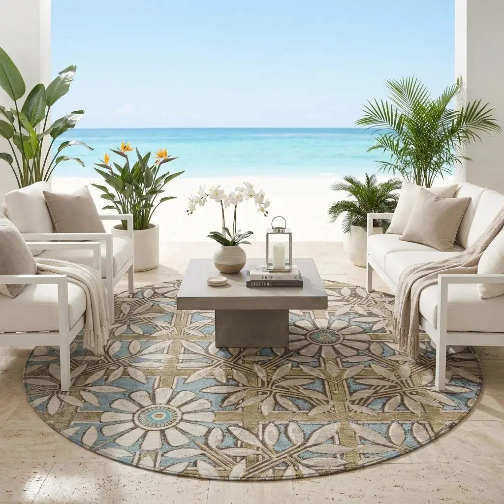 8' Khaki And Brown Round Floral Washable Indoor Outdoor Area Rug Homeroots Outdoor
