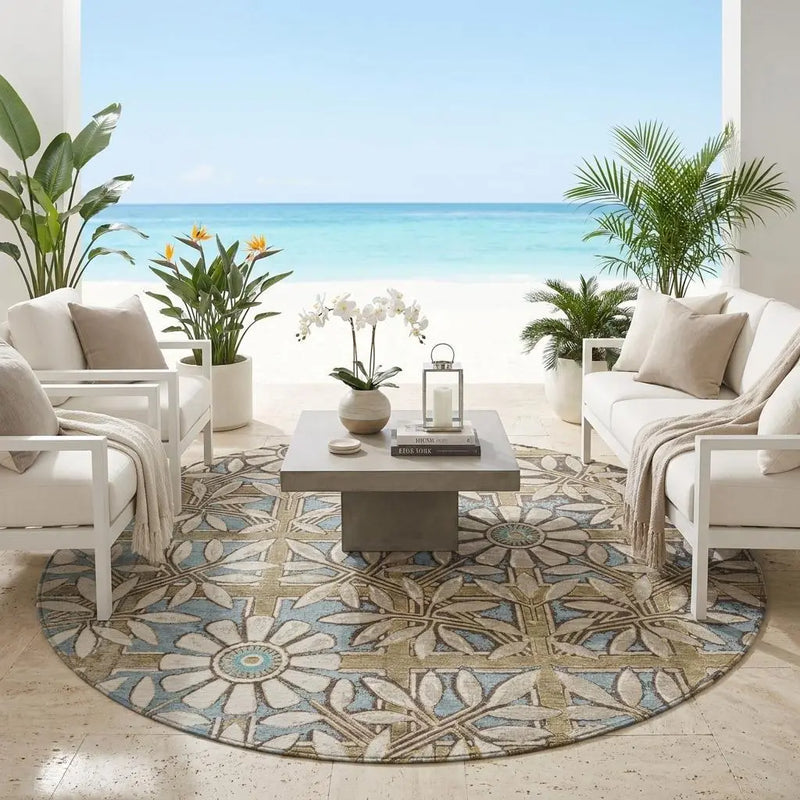 8' Khaki And Brown Round Floral Washable Indoor Outdoor Area Rug Homeroots Outdoor