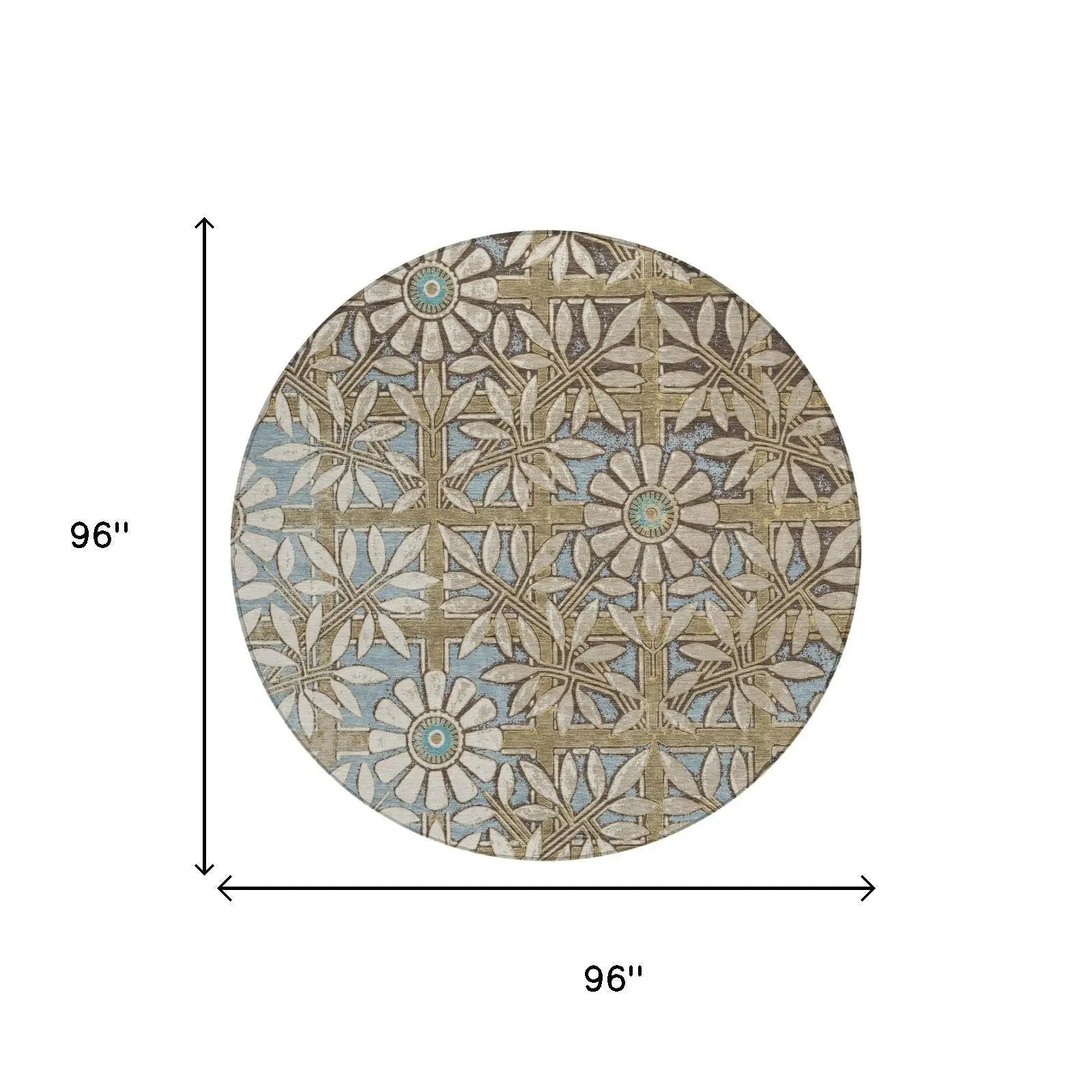 8' Khaki And Brown Round Floral Washable Indoor Outdoor Area Rug Homeroots Outdoor
