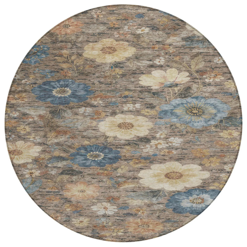 8' Khaki And Brown Round Floral Washable Indoor Outdoor Area Rug Homeroots Outdoor