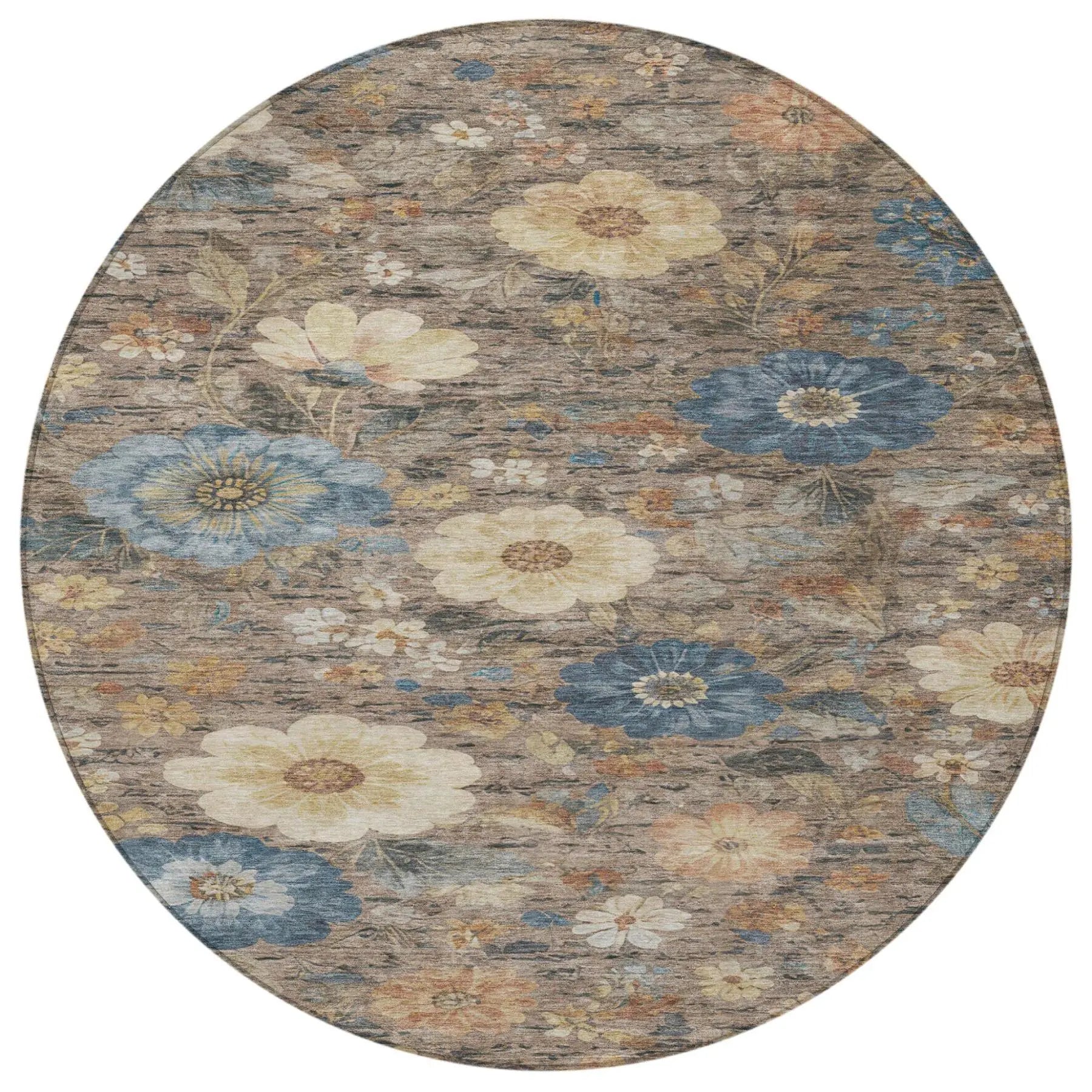 8' Khaki And Brown Round Floral Washable Indoor Outdoor Area Rug Homeroots Outdoor