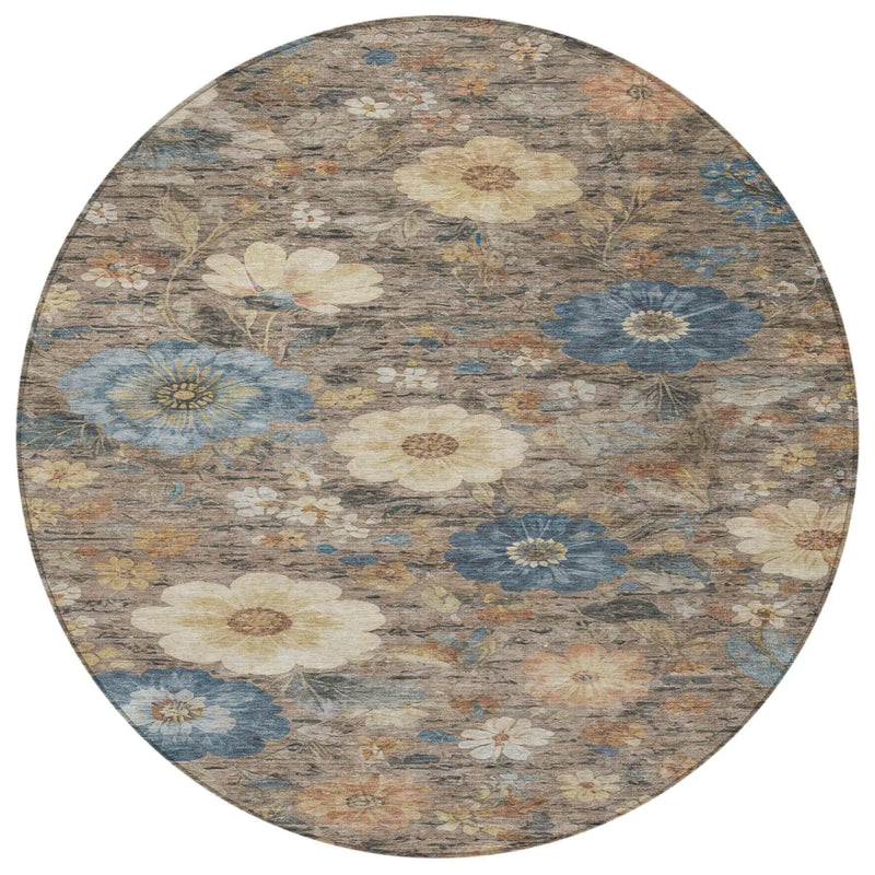 8' Khaki And Brown Round Floral Washable Indoor Outdoor Area Rug Homeroots Outdoor