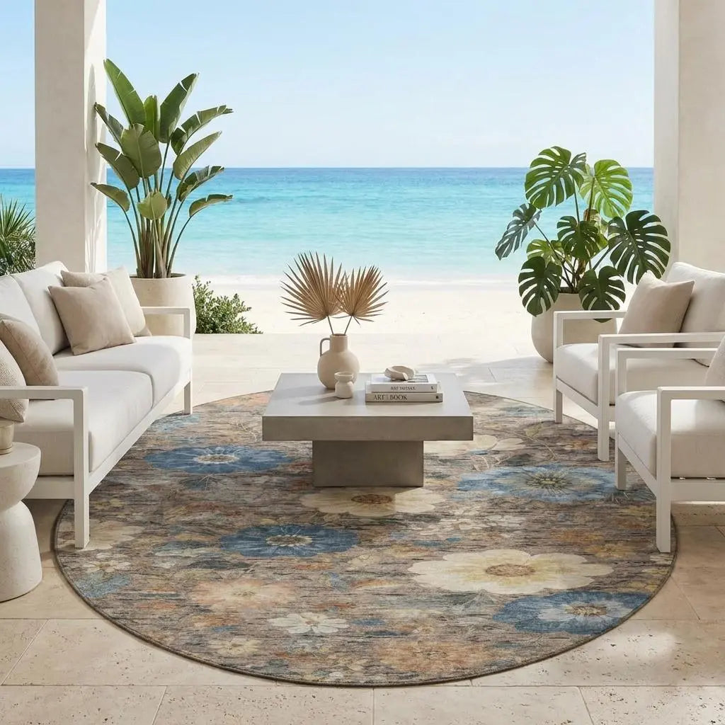 8' Khaki And Brown Round Floral Washable Indoor Outdoor Area Rug Homeroots Outdoor