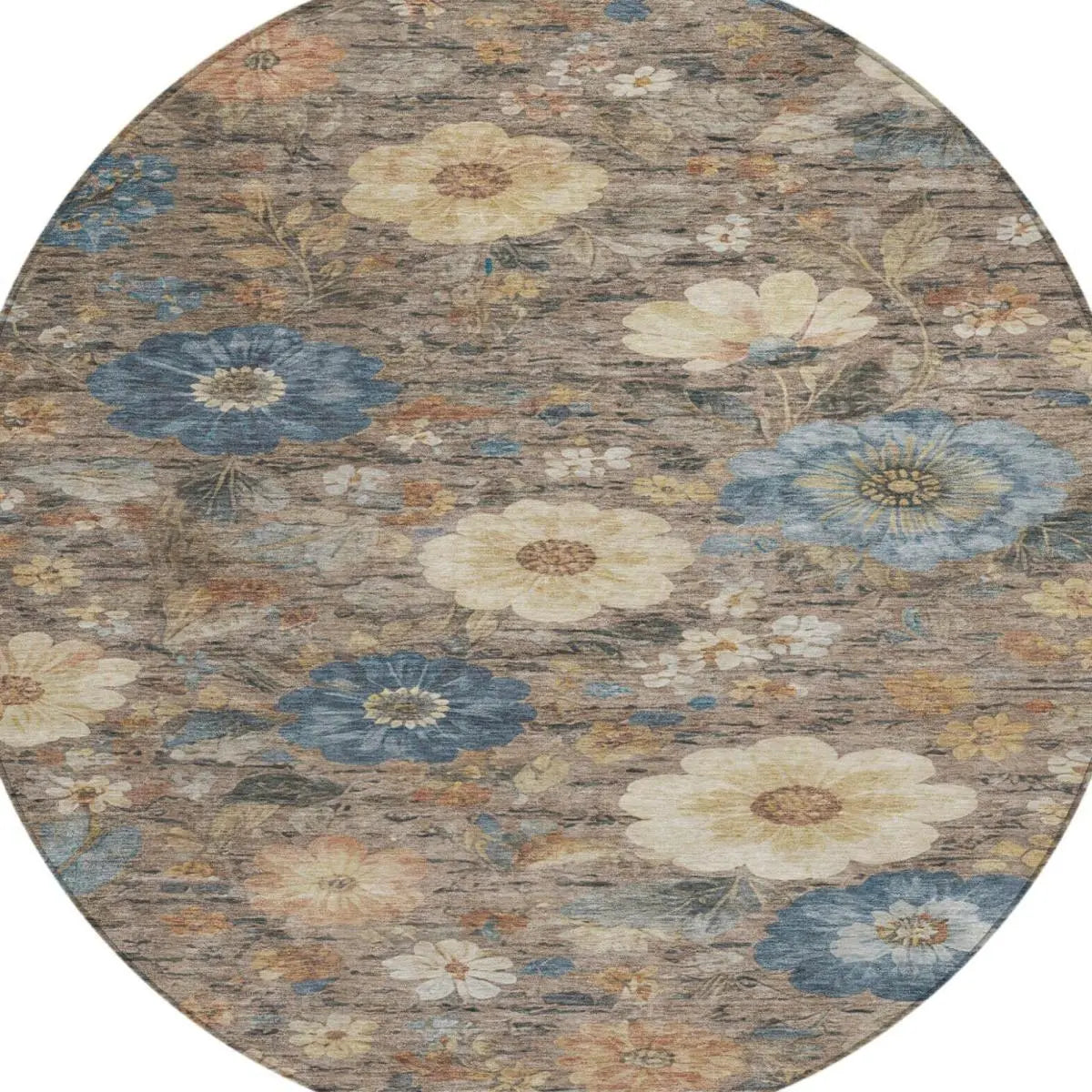 8' Khaki And Brown Round Floral Washable Indoor Outdoor Area Rug Homeroots Outdoor