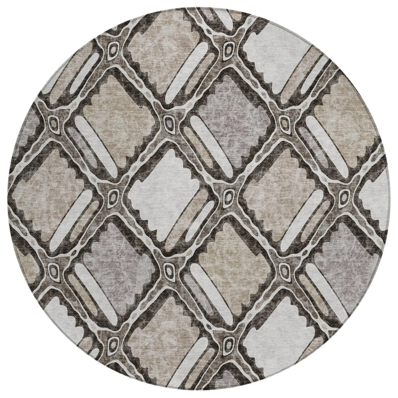 8' Khaki And Brown Round Geometric Washable Indoor Outdoor Area Rug Homeroots Outdoor