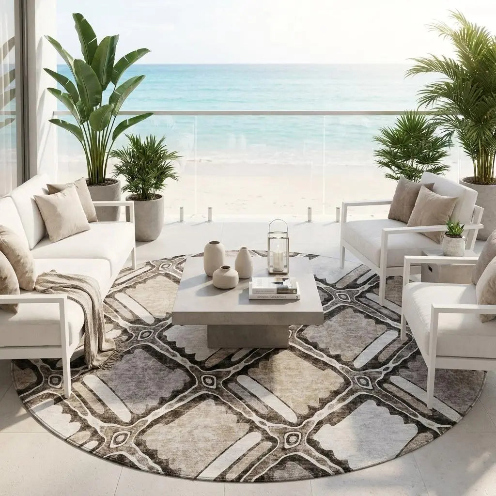 8' Khaki And Brown Round Geometric Washable Indoor Outdoor Area Rug Homeroots Outdoor