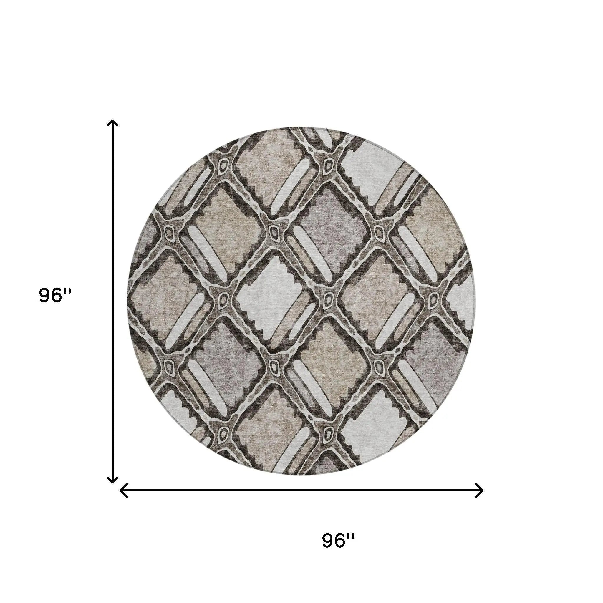 8' Khaki And Brown Round Geometric Washable Indoor Outdoor Area Rug Homeroots Outdoor