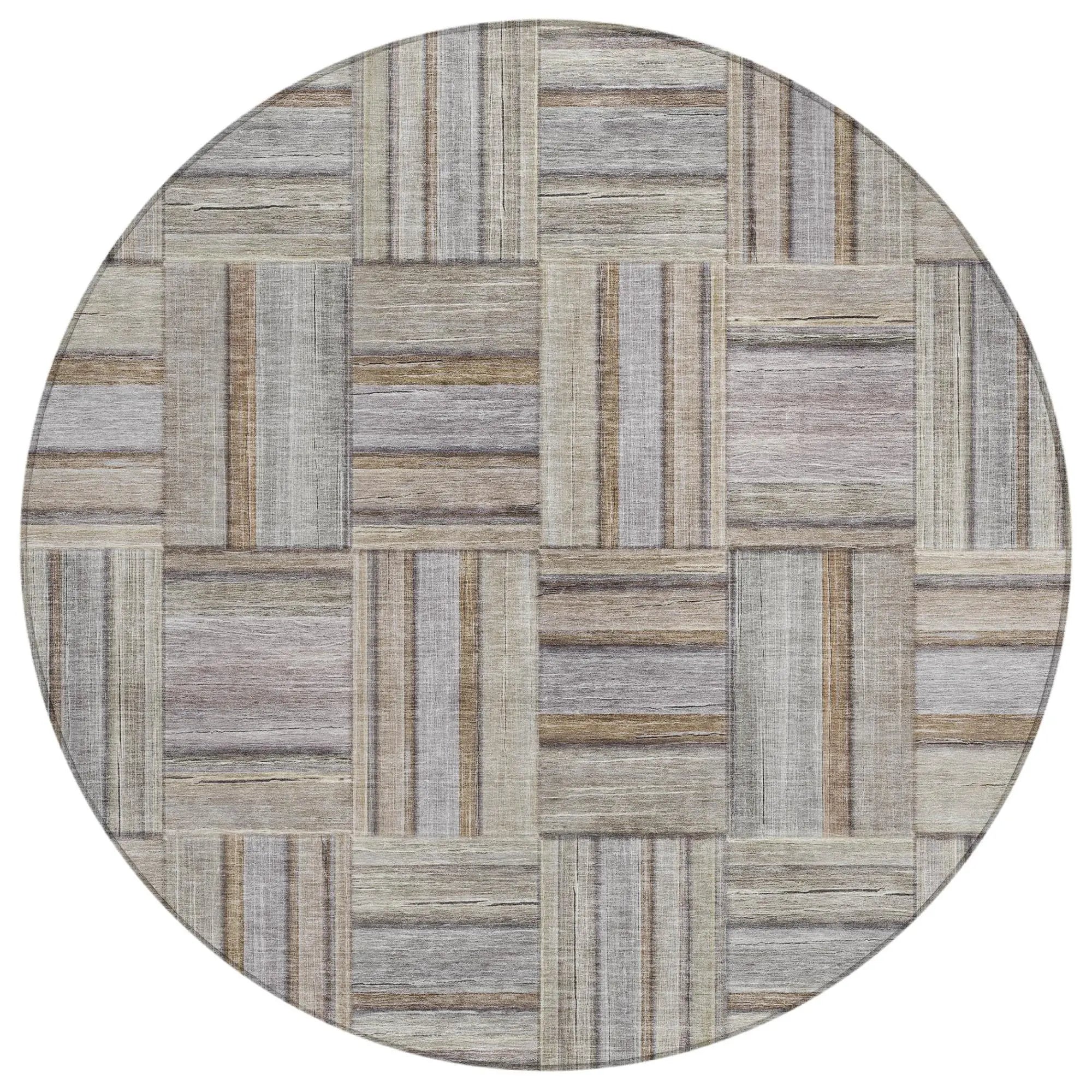 8' Khaki And Brown Round Geometric Washable Indoor Outdoor Area Rug Homeroots Outdoor