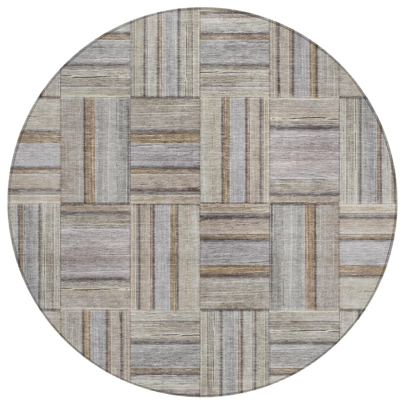 8' Khaki And Brown Round Geometric Washable Indoor Outdoor Area Rug Homeroots Outdoor