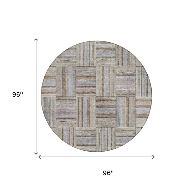 8' Khaki And Brown Round Geometric Washable Indoor Outdoor Area Rug Homeroots Outdoor