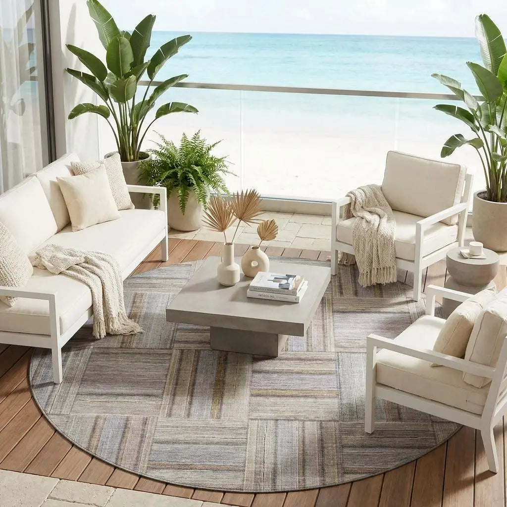 8' Khaki And Brown Round Geometric Washable Indoor Outdoor Area Rug Homeroots Outdoor