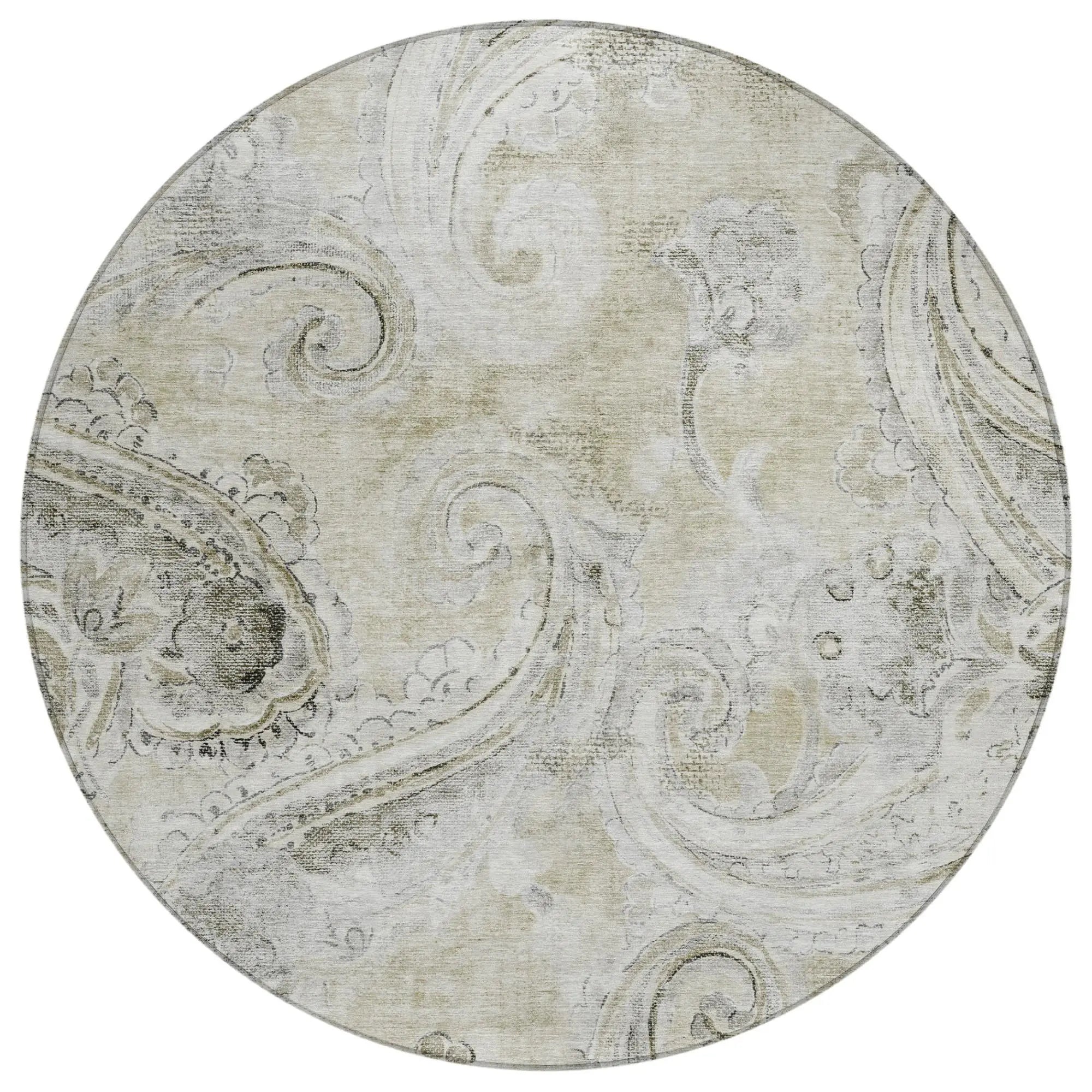 8' Khaki And Brown Round Paisley Washable Indoor Outdoor Area Rug Homeroots Outdoor