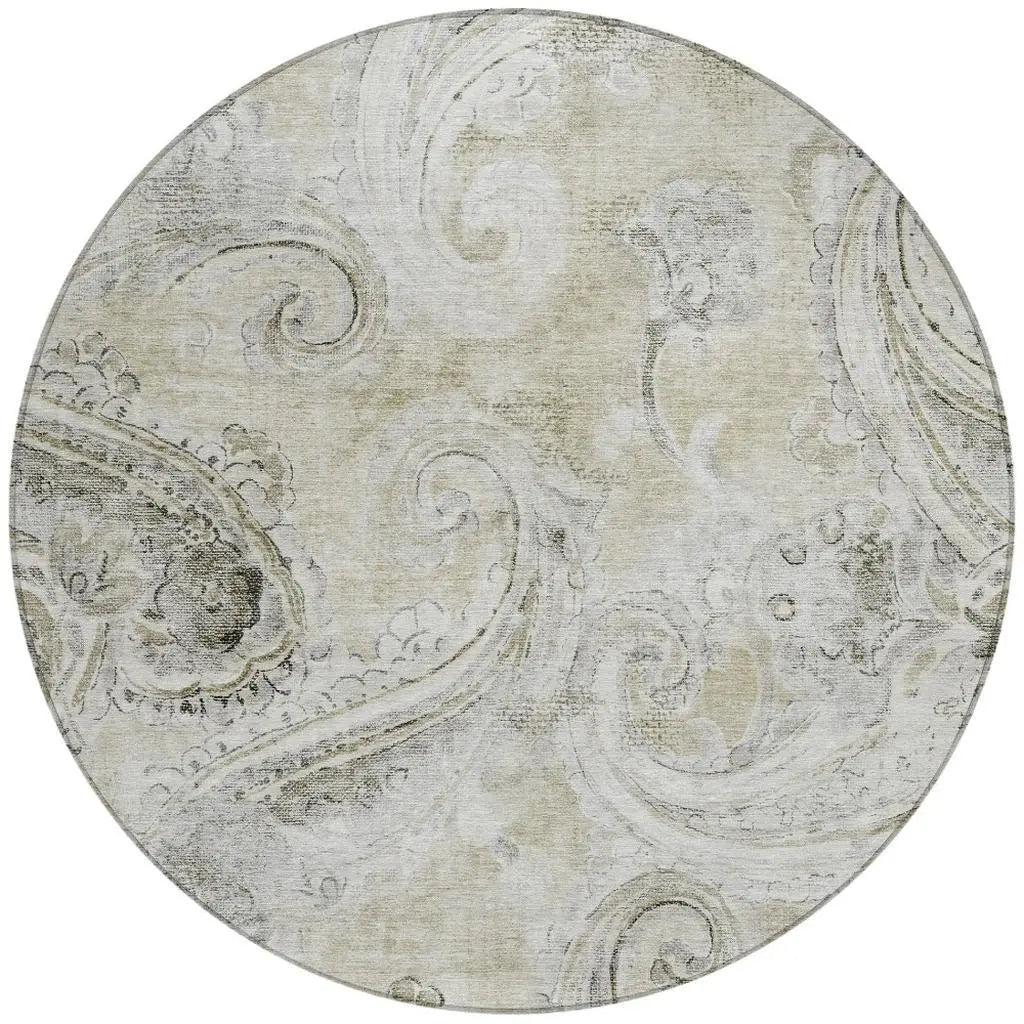 8' Khaki And Brown Round Paisley Washable Indoor Outdoor Area Rug Homeroots Outdoor