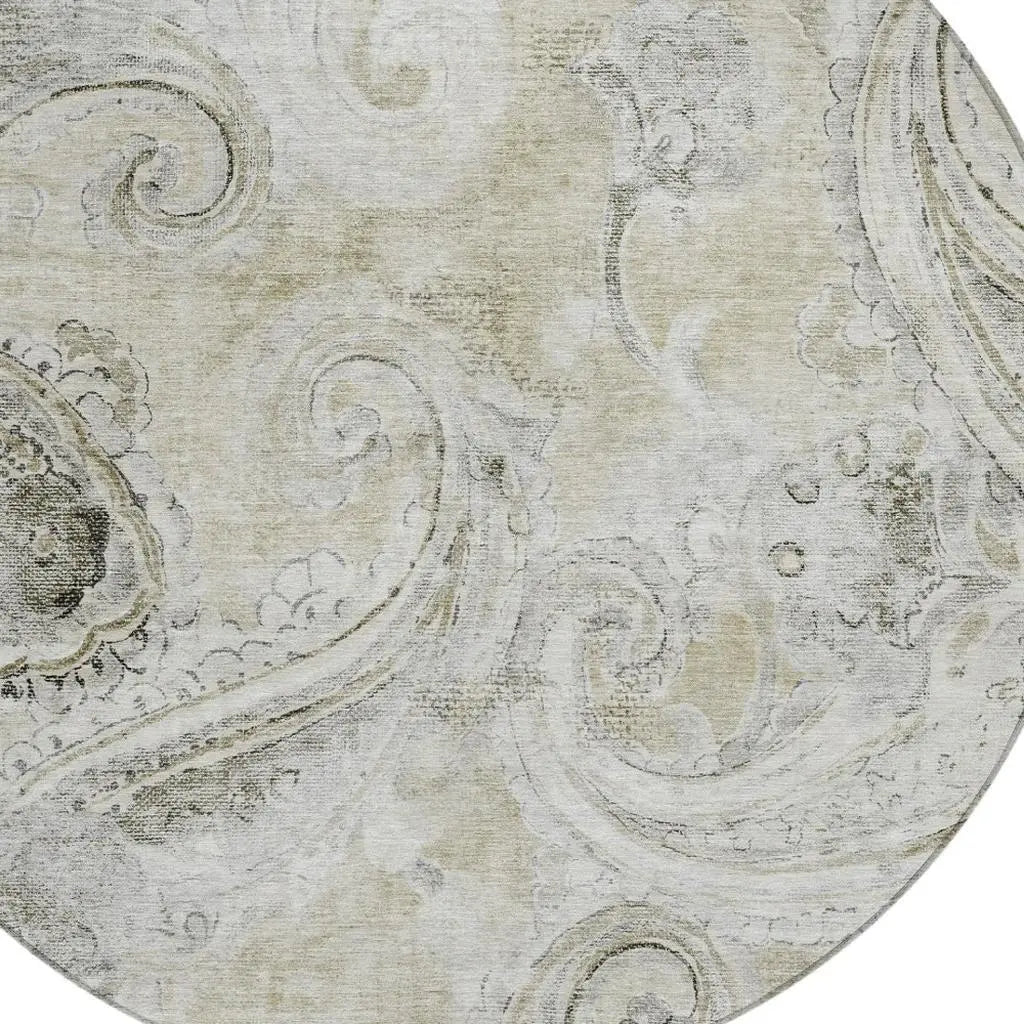 8' Khaki And Brown Round Paisley Washable Indoor Outdoor Area Rug Homeroots Outdoor