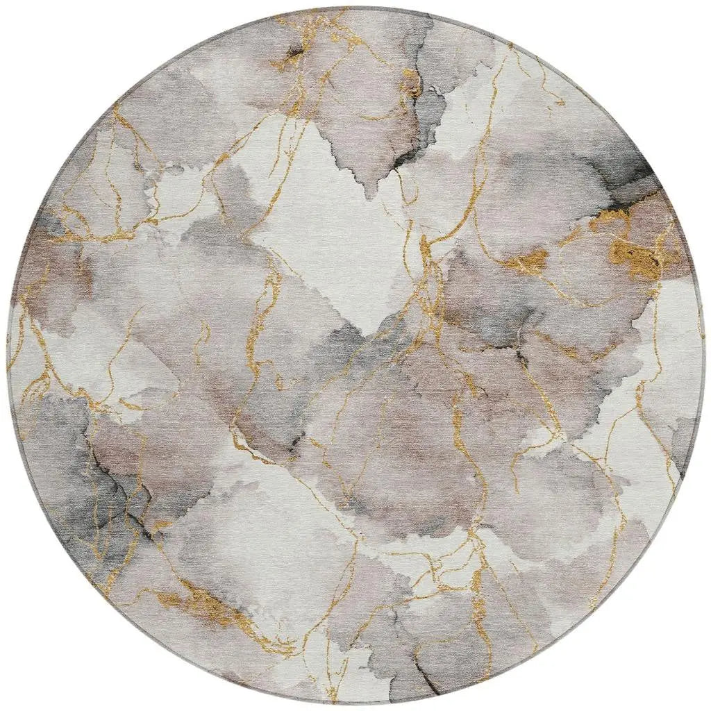 8' Khaki And Ivory Round Abstract Washable Indoor Outdoor Area Rug Homeroots Outdoor