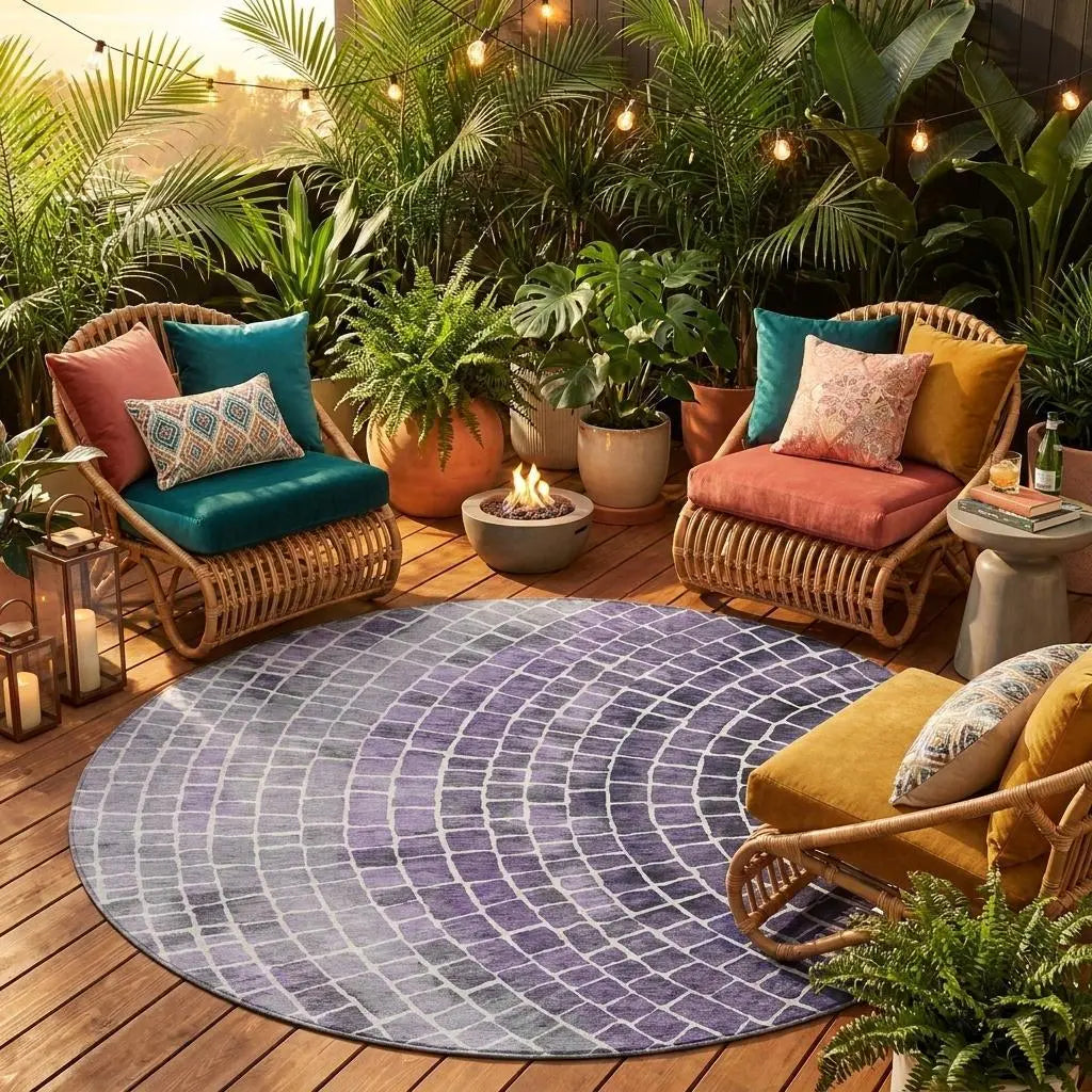 8' Lavender And Gray Round Geometric Washable Indoor Outdoor Area Rug Homeroots Outdoor