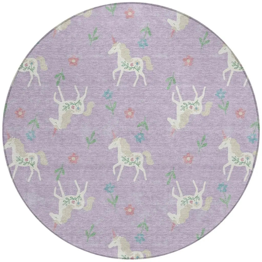 8' Lavender And Ivory Round Floral Washable Indoor Outdoor Area Rug Homeroots Outdoor